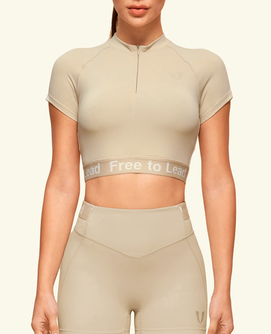 Basic Zip Up Crop Top - Sand